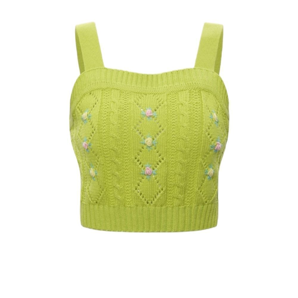 NEW Cider lime green floral embroidery knit sweater cropped tank top M